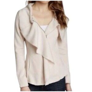 BLANC NOIR Women’s LARGE Jacket Ruffled Zip Front Soft Fleece Stretch Beige Tan